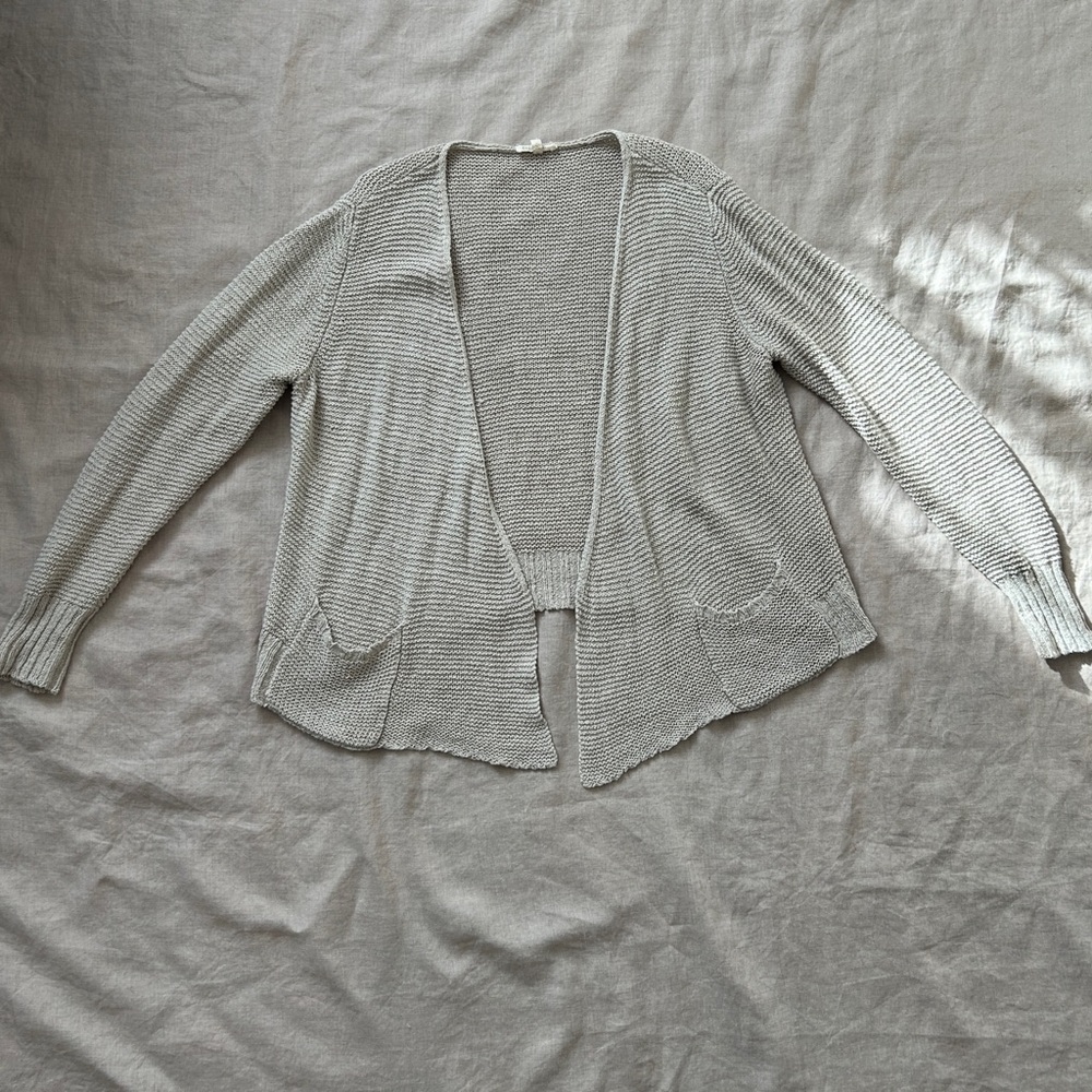 Eileen Fisher Lightweight Cotton Linen Beige Open-Front Patch Pocket Cardigan